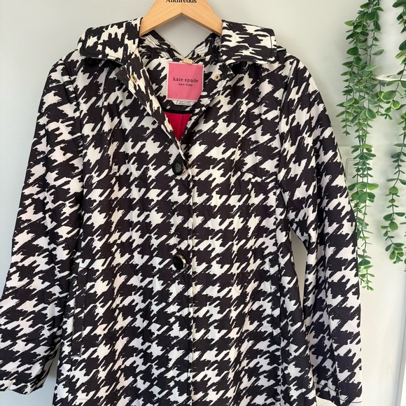 Kate Spade Houndstooth Raincoat Pink Lining Black White Trench Jacket Size Med - Picture 5 of 16